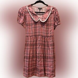 AS U Wish Pink Plaid Dress Peter Pan Collar Puff Sleeve Cottagecore L